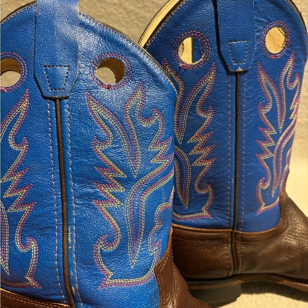 Old West Brown Blue Leather Square Toe Cowboy Boots Youth SZ 020 Style BSC1840